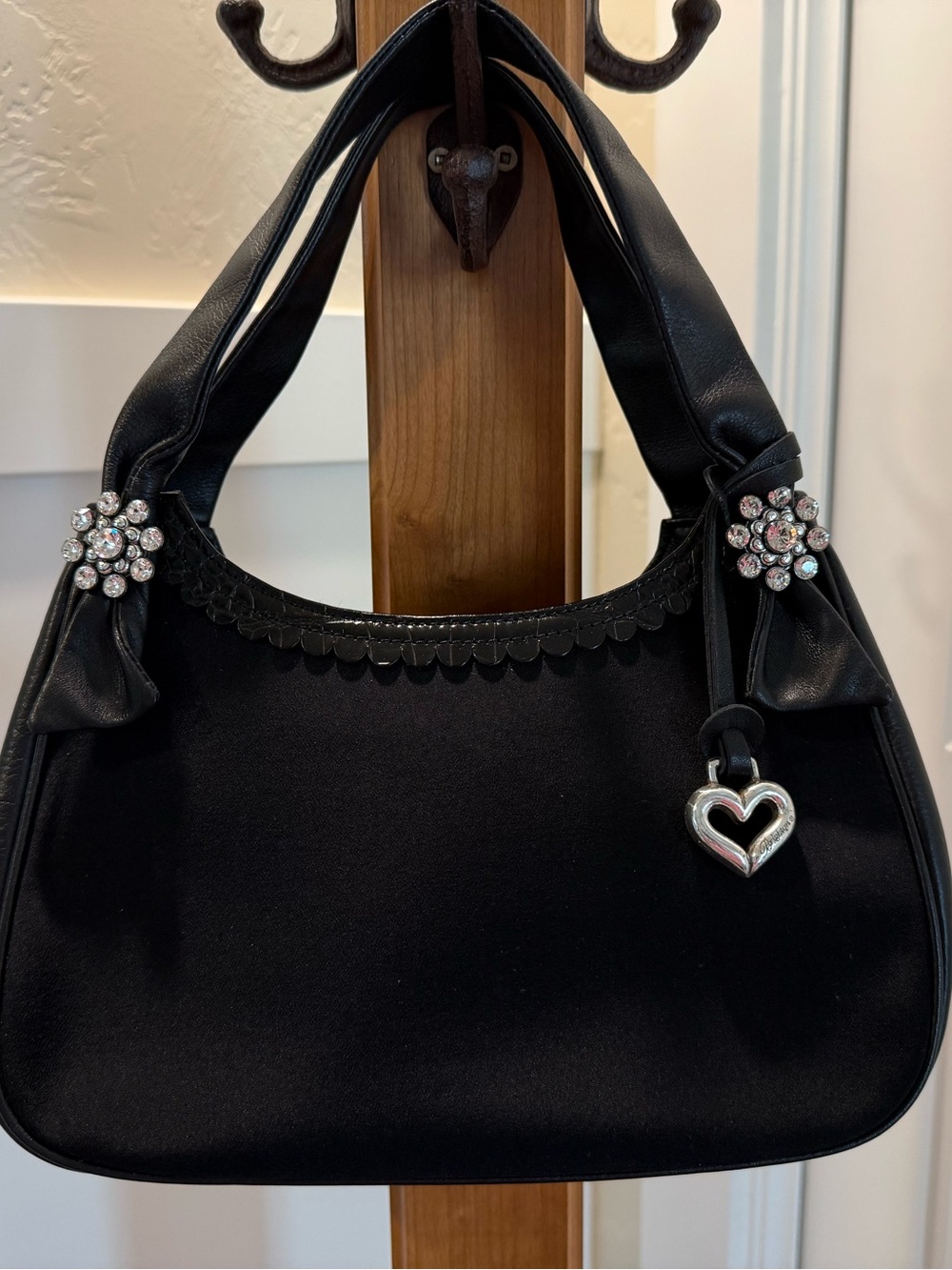 Brighton Black Women's Shoulder Bag with Heart Charm and Pretty Flower Accents